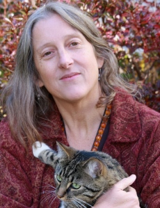 Photograph of poet Annie Finch and her cat Merlin